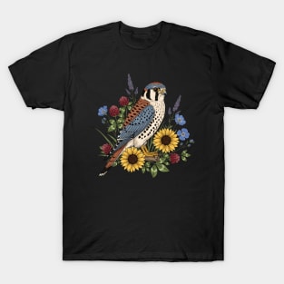 American Kestrel Sunflower Nature Illustration T-Shirt